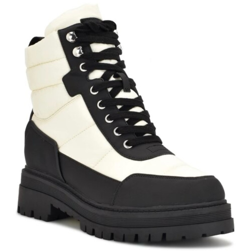 Nine West Women’s Pilar3 Lug Sole Black and White Boots - Picture 2 of 9